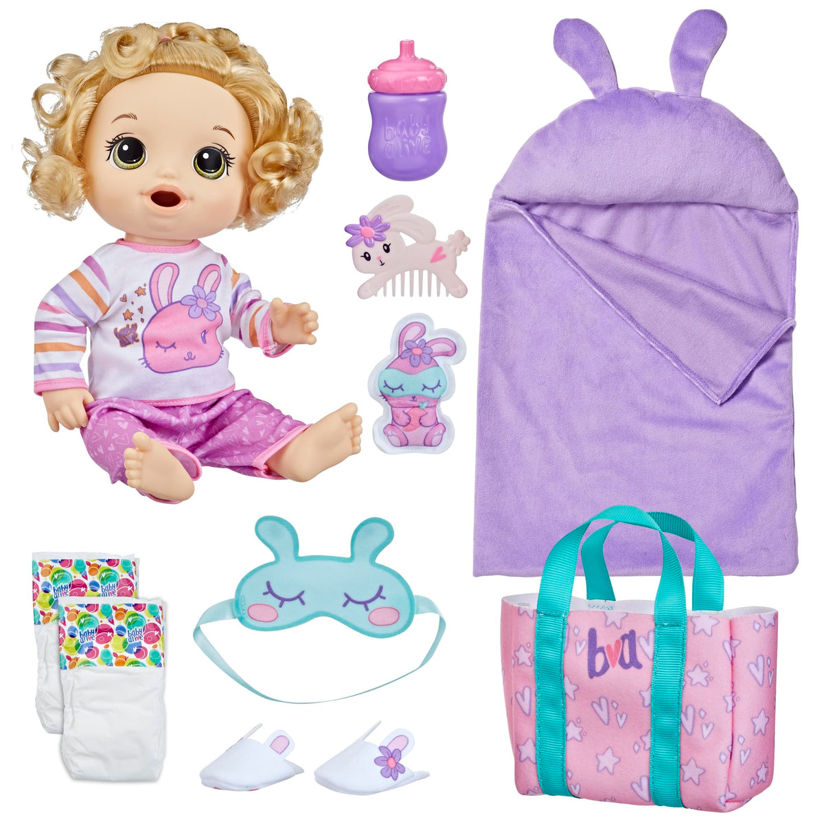 Baby Alive Bunny Sleepover doll with pink bunny sleeping bag for bedtime roleplay