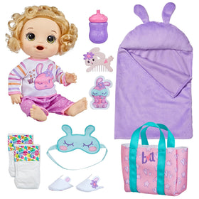 Baby Alive Bunny Sleepover doll with pink bunny sleeping bag for bedtime roleplay