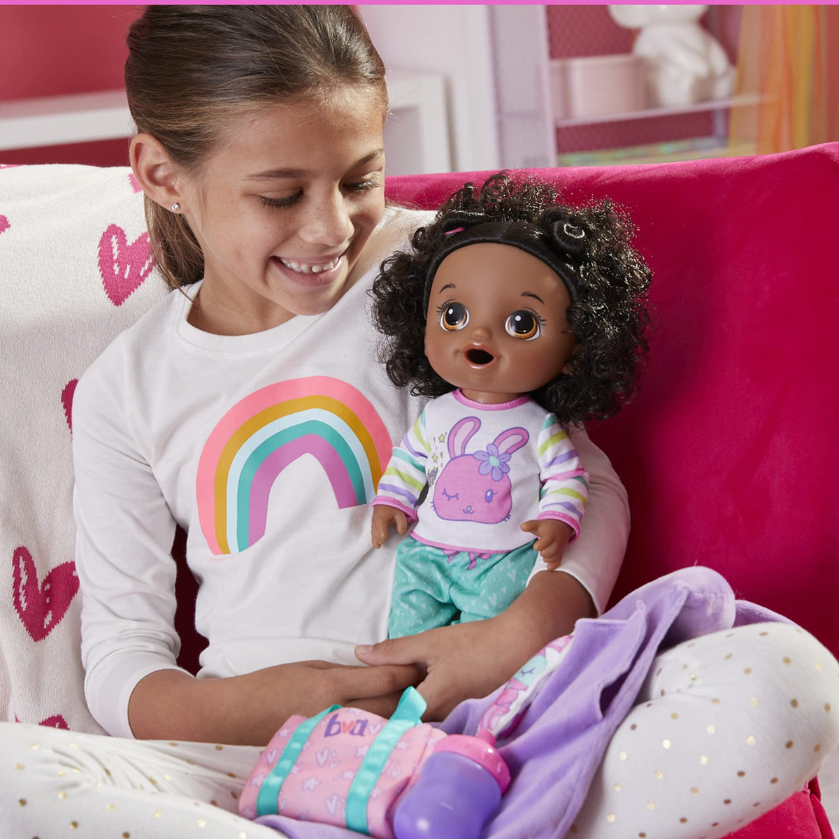 Baby Alive Bunny Sleepover doll bottle and diapers support feeding and care