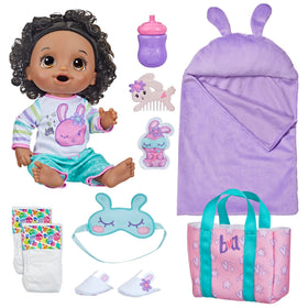 Baby Alive Bunny Sleepover doll with pink sleeping bag for cozy bedtime play