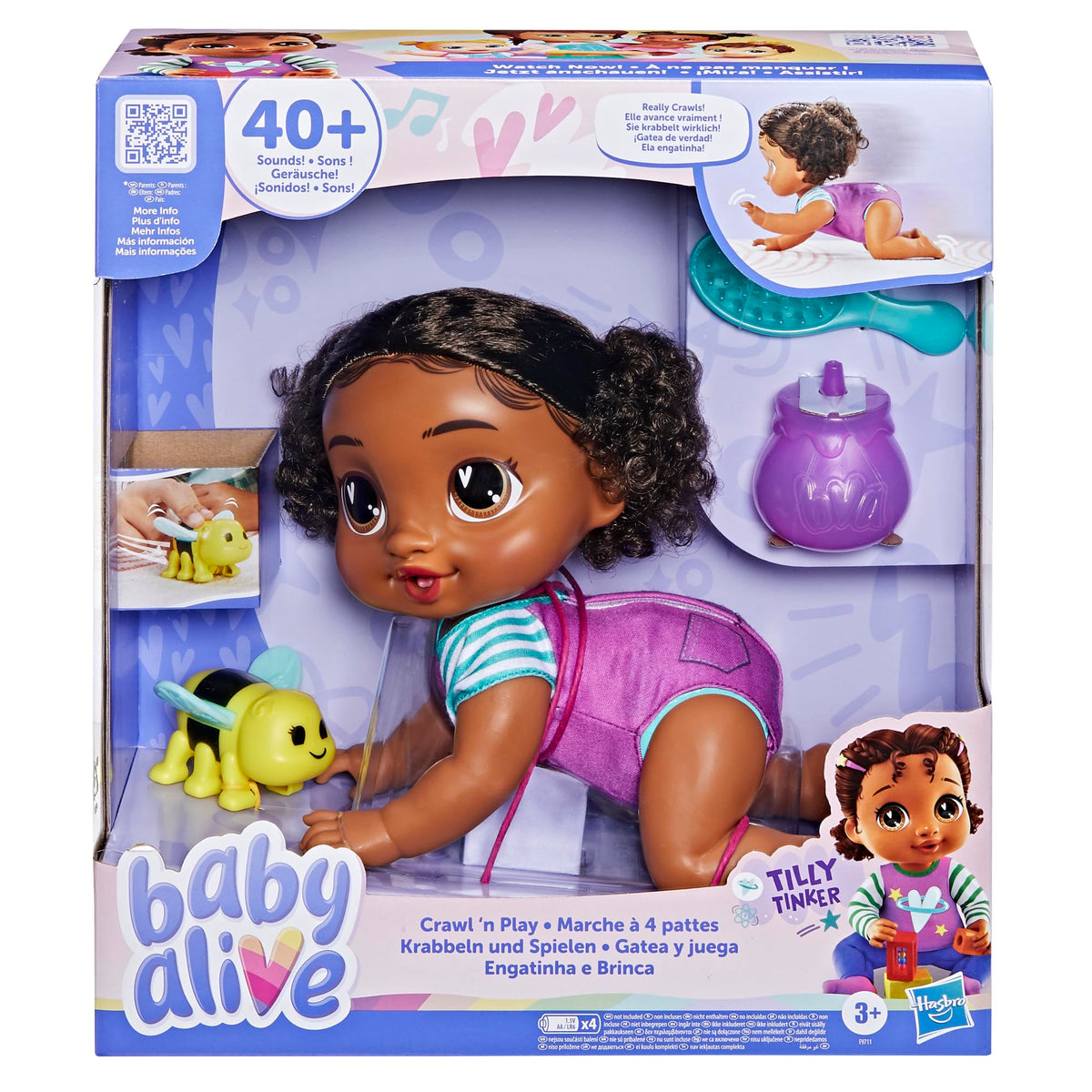 Baby Alive Tilly Tinker crawls for active pretend play in the living room.
