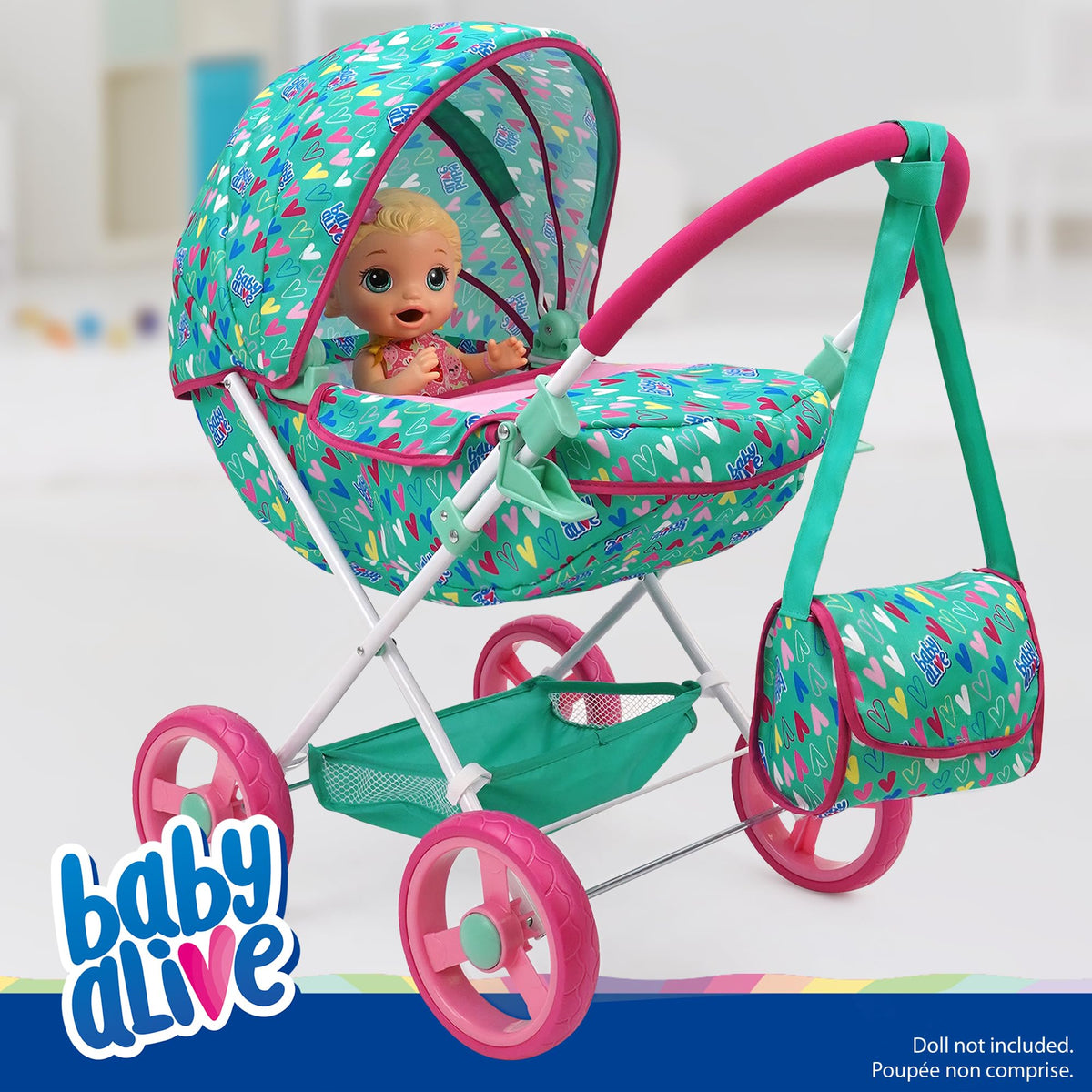 Baby Alive pram canopy provides shade for dolls during sunny pretend outings.