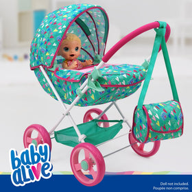 Baby Alive pram canopy provides shade for dolls during sunny pretend outings.
