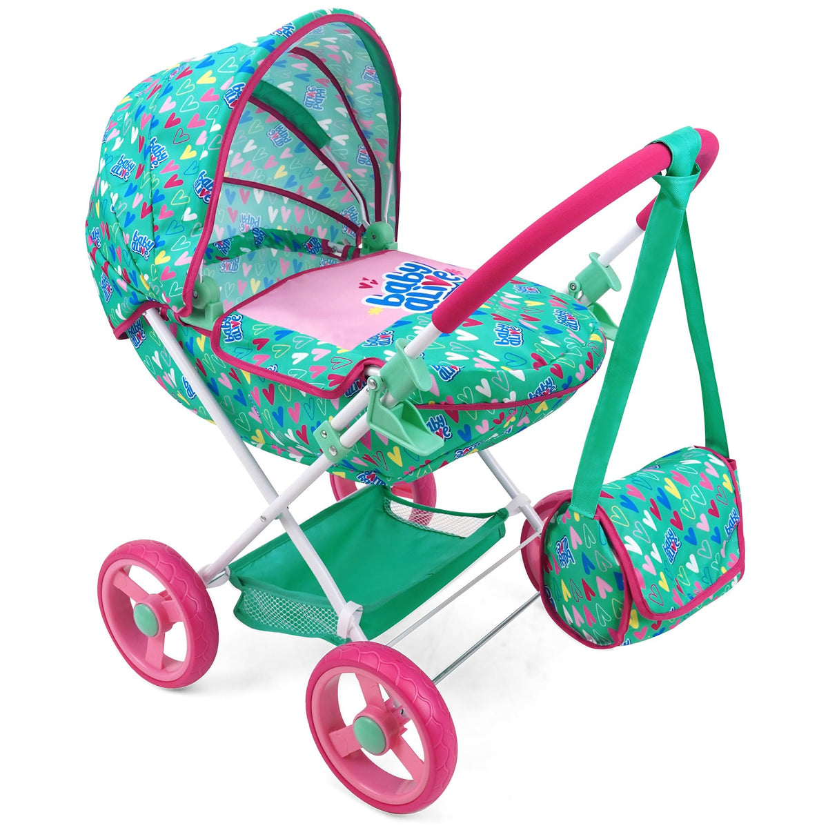 Baby Alive Deluxe Classic Doll Pram in green, pink, and hearts ready for playtime adventures.