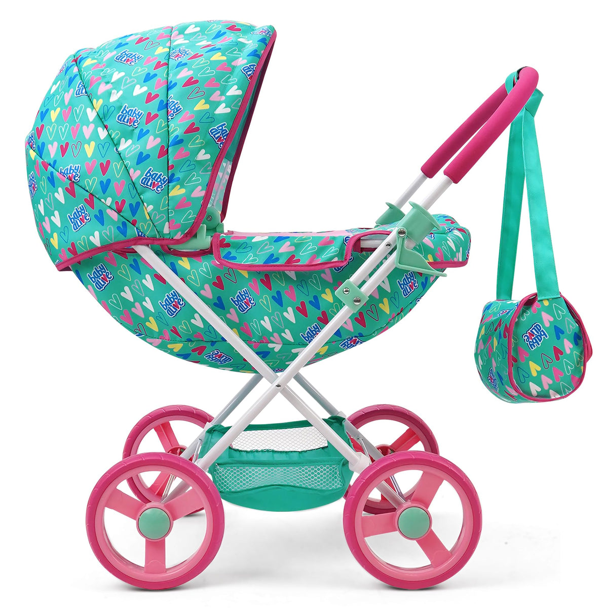 Baby Alive matching shoulder bag complements the doll pram set for coordinated play.