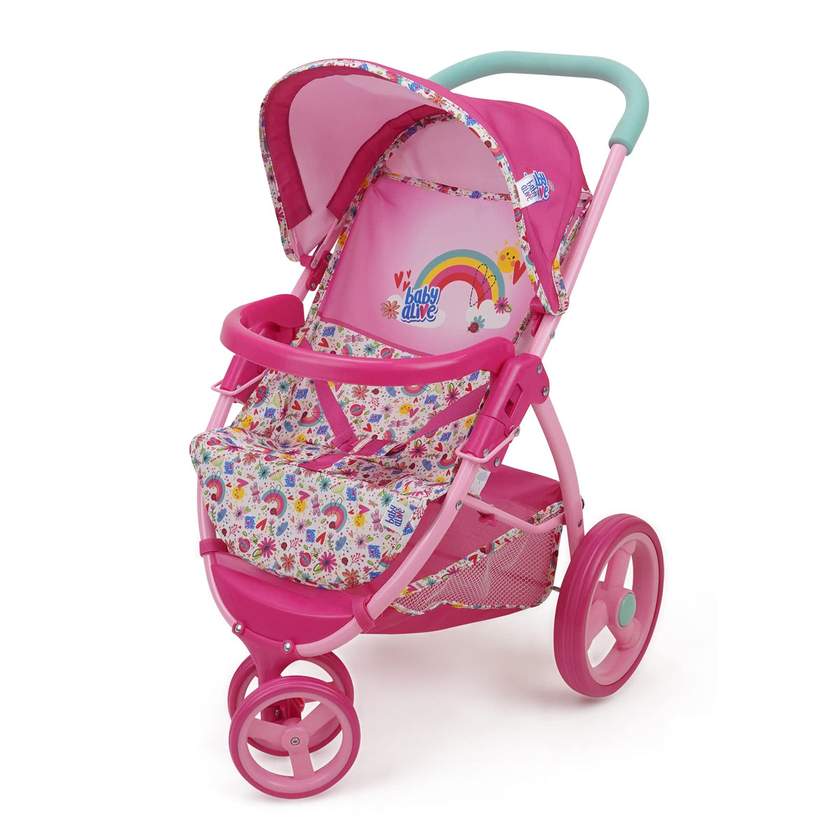Baby Alive doll jogging stroller with pink canopy and rainbow fabric for sunny pretend play.