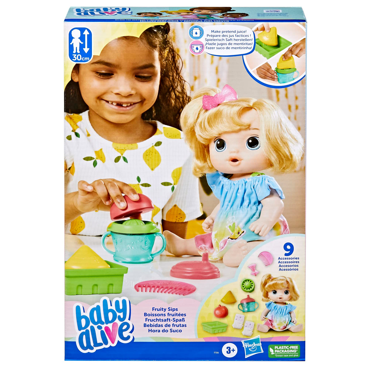 Fruity Sips doll with apple fruit accessory for pretend feeding fun.