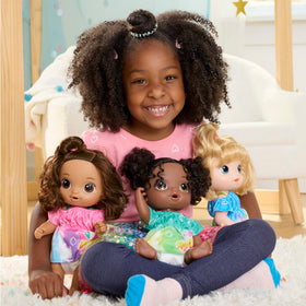 Diaper change moment with the Fruity Sips doll for caregiving play