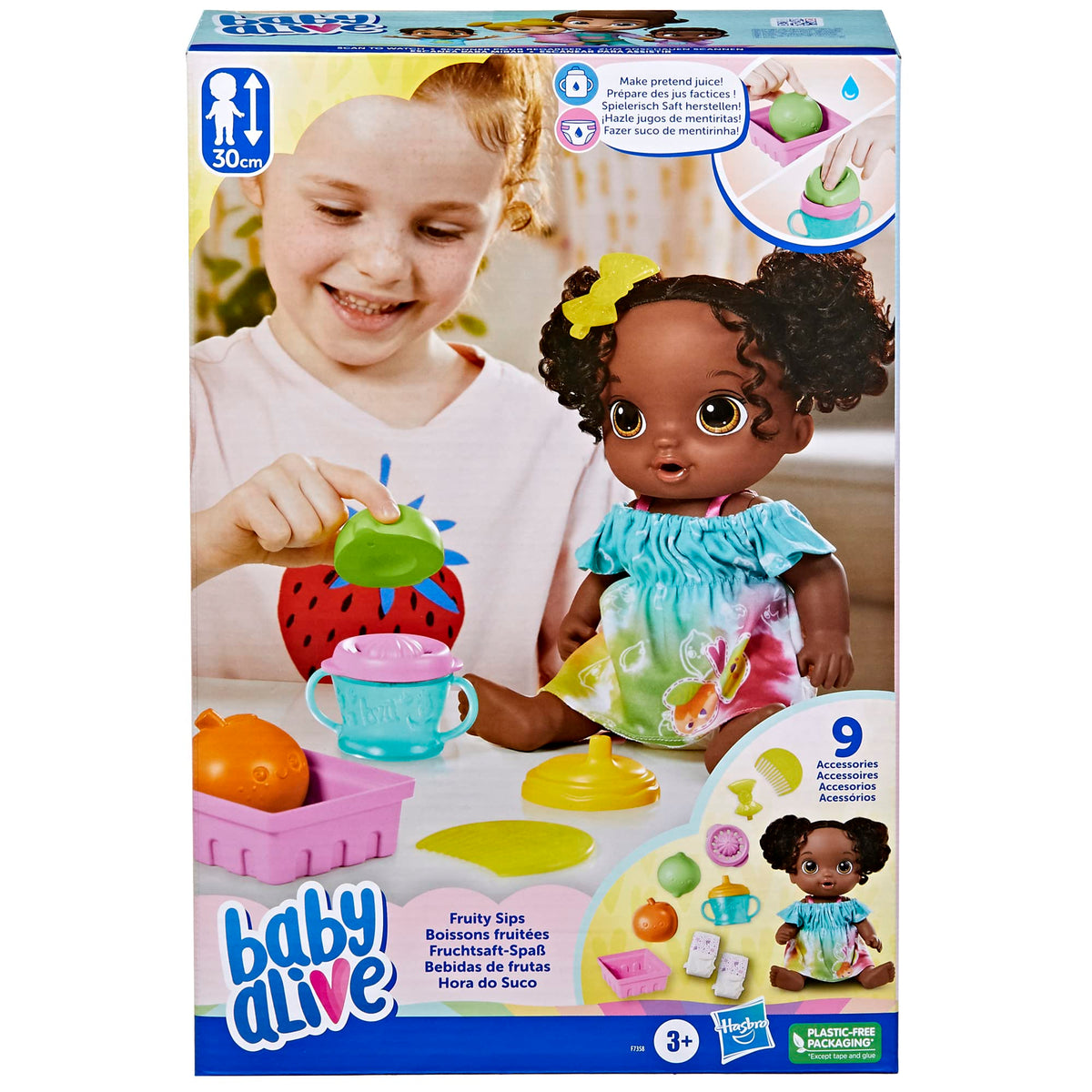 Fruity Sips doll accessories neatly stored in a bright fruit basket