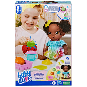 Fruity Sips doll accessories neatly stored in a bright fruit basket