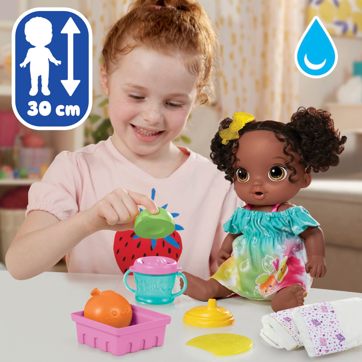 Bright fruit-themed outfit on the Baby Alive Fruity Sips doll