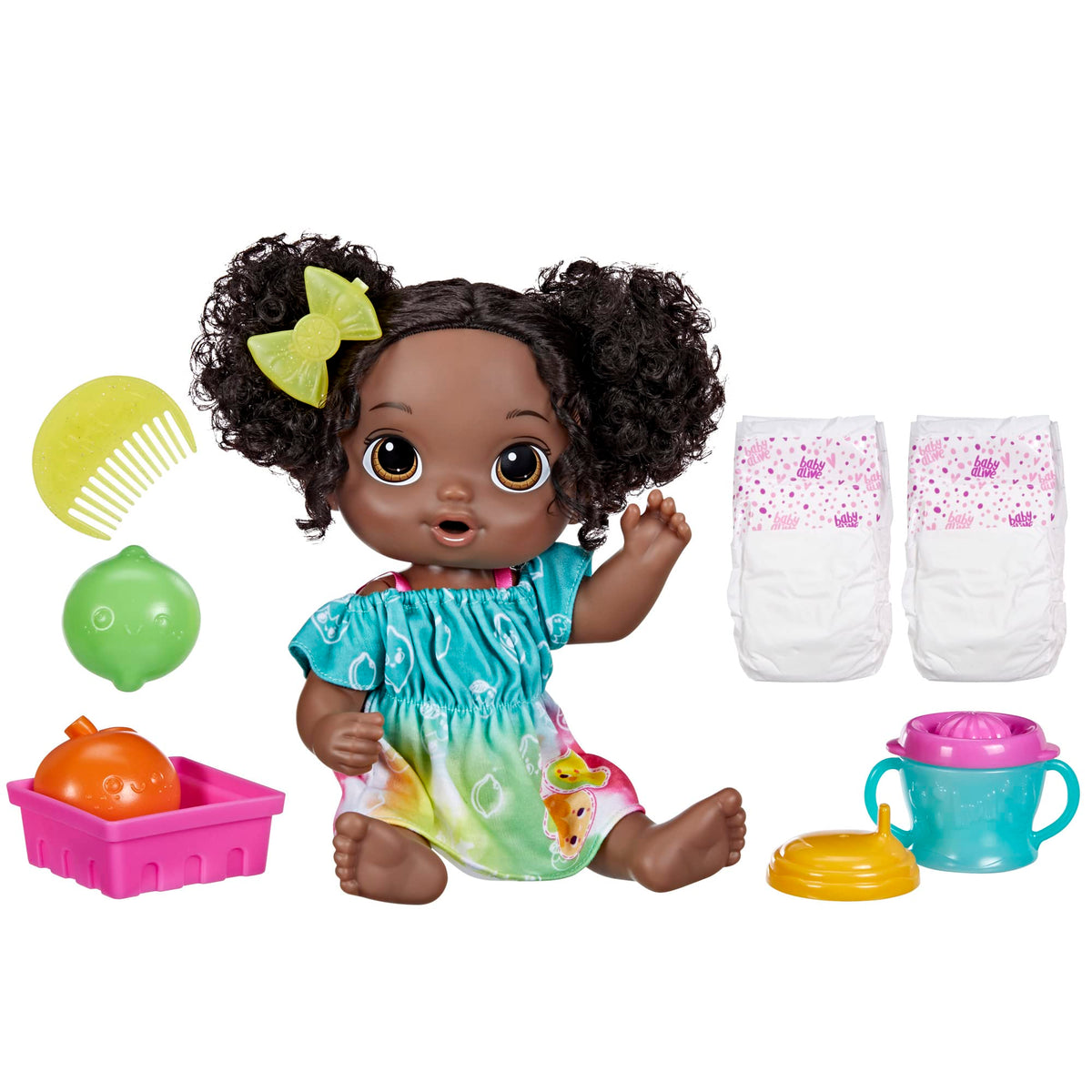 Baby Alive Fruity Sips doll with lime juicer for pretend feeding play
