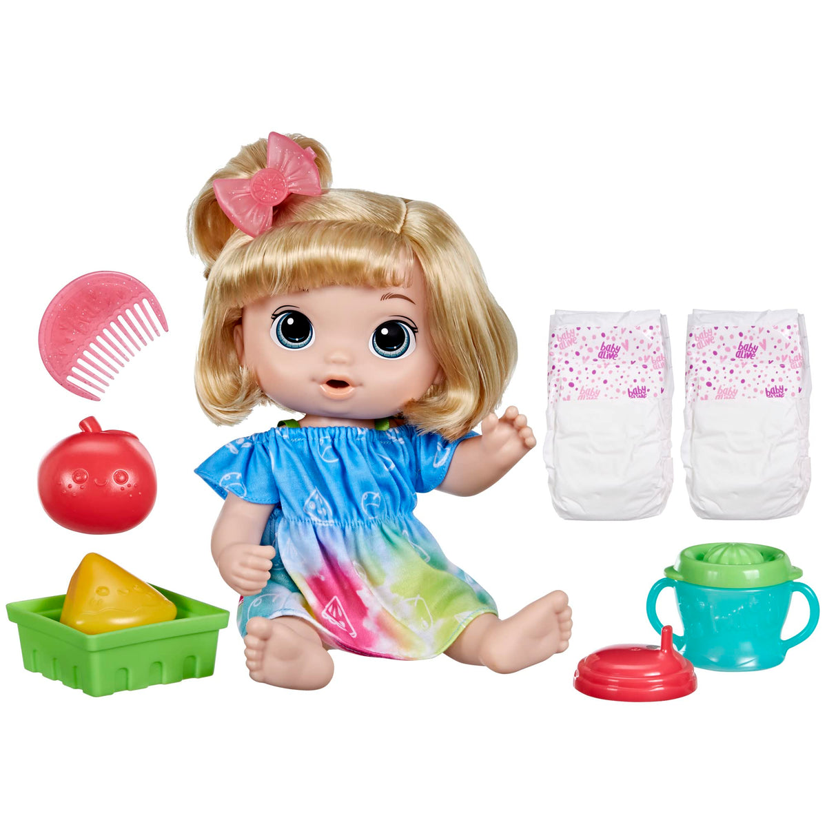 Baby Alive Fruity Sips doll with pretend juicer, inviting imaginative play.