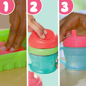Removable rainbow outfit on Fruity Sips enhances dress-up play.