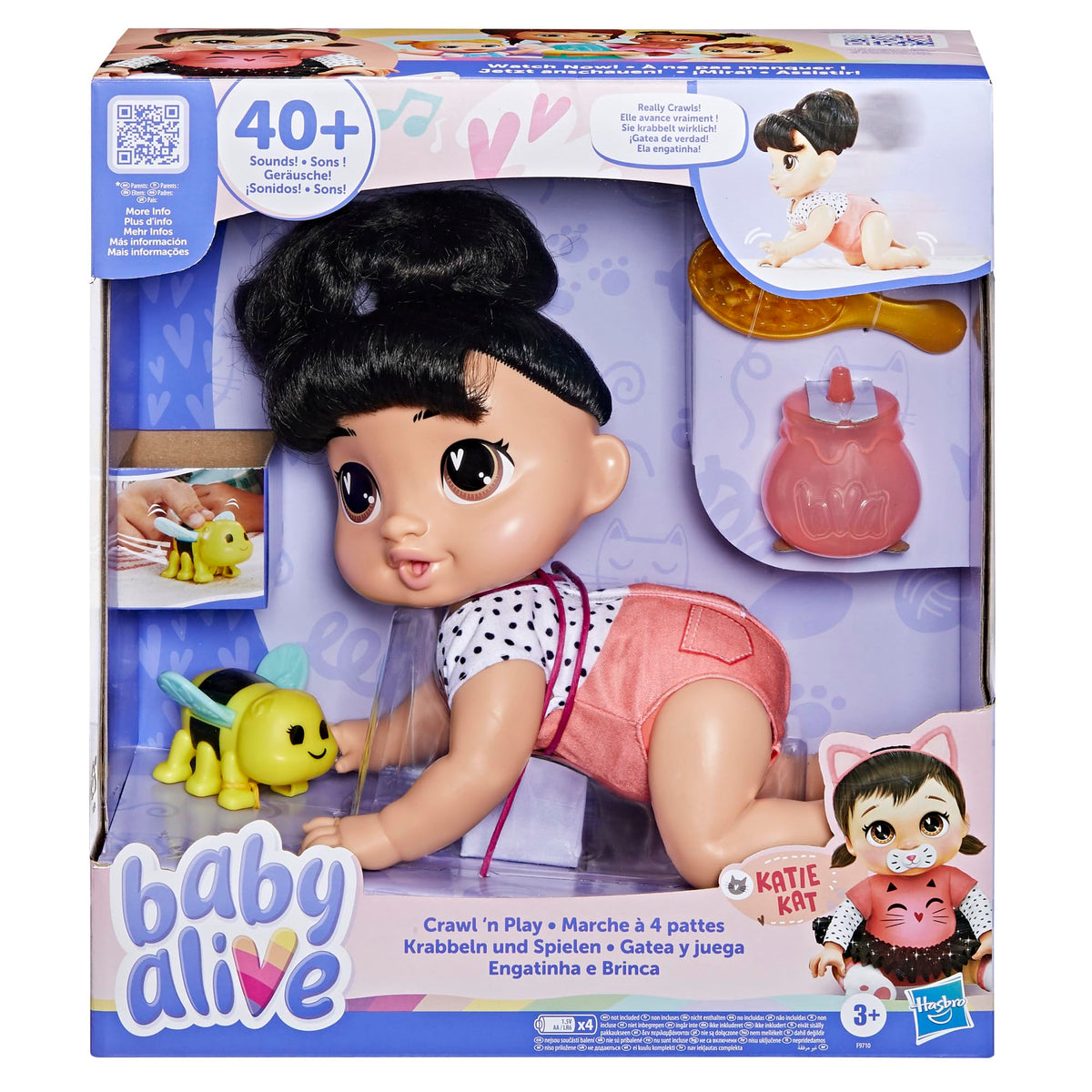 Baby Alive Katie Kat crawls forward for realistic crawling play.