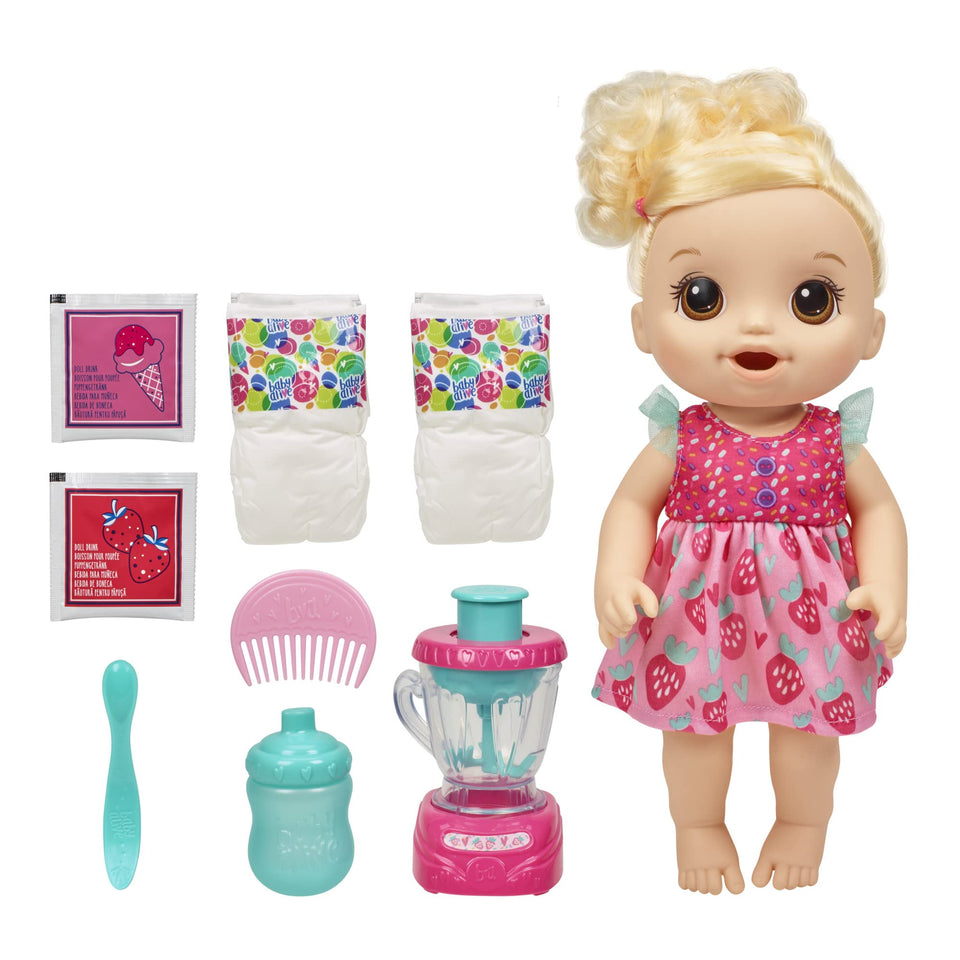 Baby Alive Magical Mixer blender in action for pretend strawberry shakes