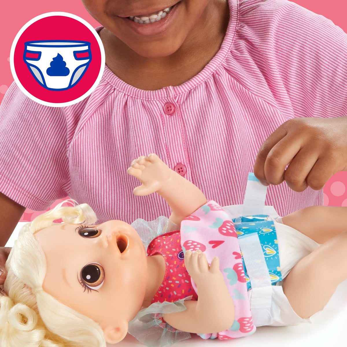 Removable strawberry dress and brush for styling Baby Alive