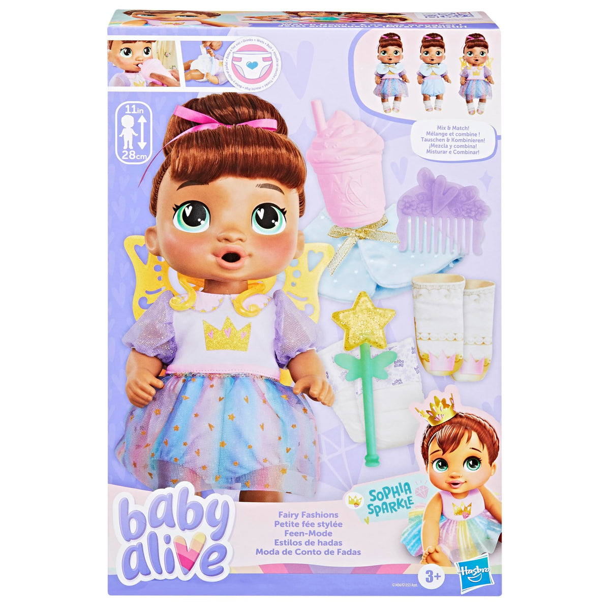 Baby Alive Sophia Sparkle rainbow skirt cape — versatile fairy outfits for imaginative styling.