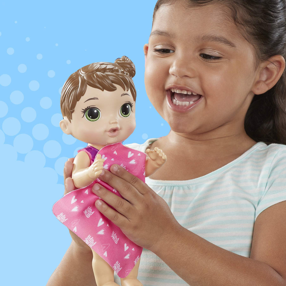 Close-up of brown hair detail on the Baby Alive Splash'n Snuggle doll.