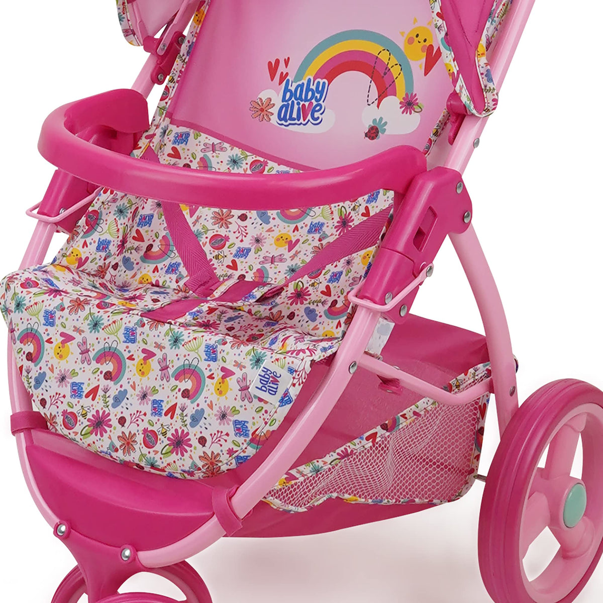 Vivid pink and rainbow fabric on Baby Alive stroller inspires imaginative role-play.