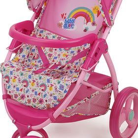 Vivid pink and rainbow fabric on Baby Alive stroller inspires imaginative role-play.