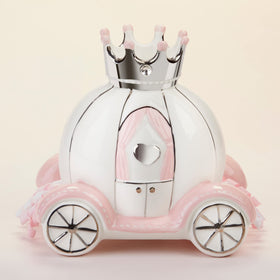 Baby Aspen pink wheels and silver accents decorate a functional baby piggy bank.