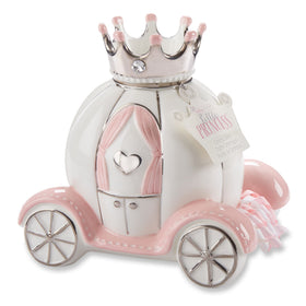 Baby Aspen princess carriage piggy bank in white with pink accents for nursery display.