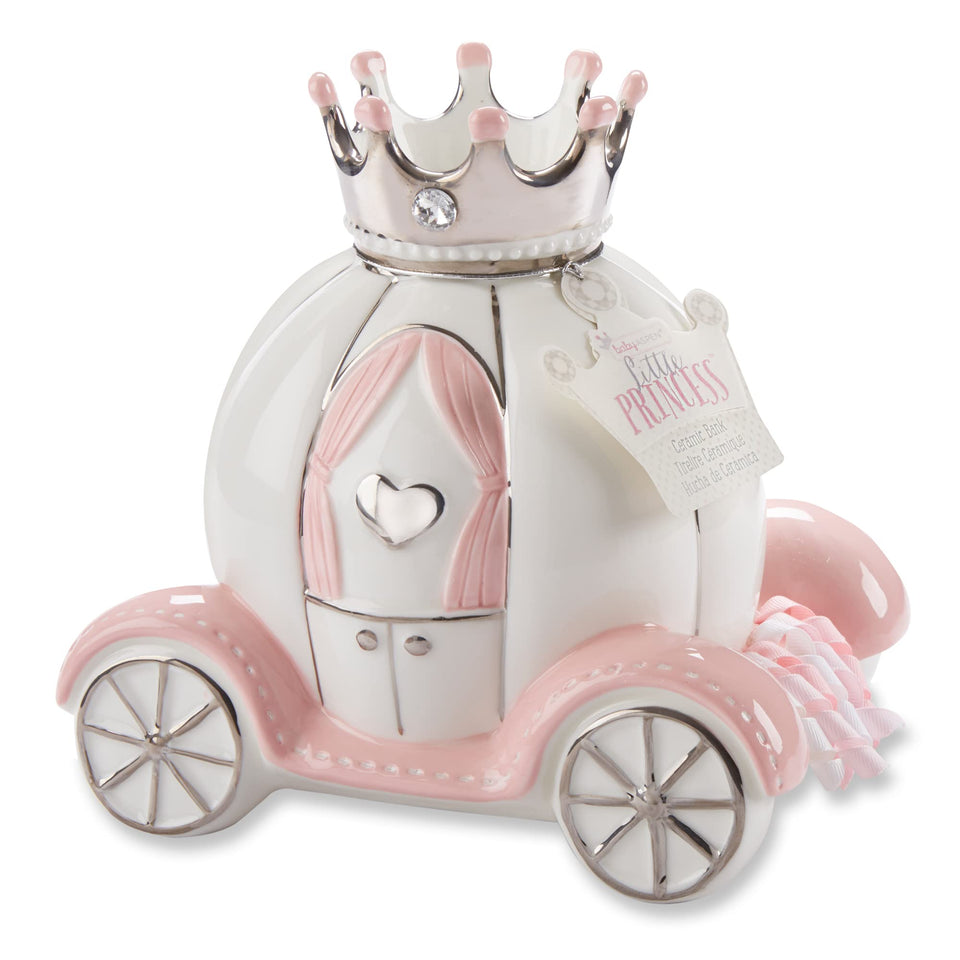 Baby Aspen princess carriage piggy bank in white with pink accents for nursery display.