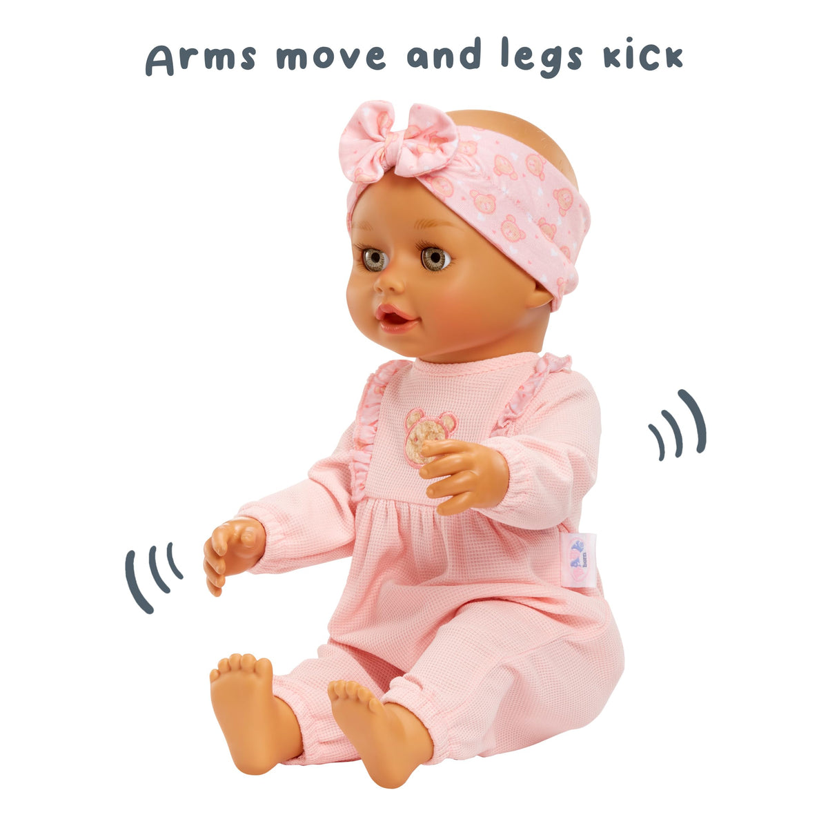 BABY born Olivia moves arms and legs during play, adding realism to care routines.