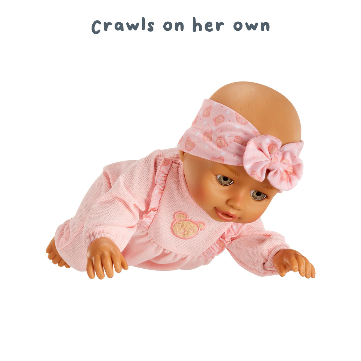 BABY born Olivia stands and walks with assistance, supporting early mobility play.