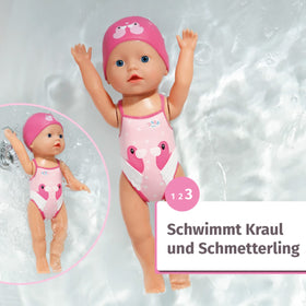 Baby Born swim girl movable head supports flexible pool play.
