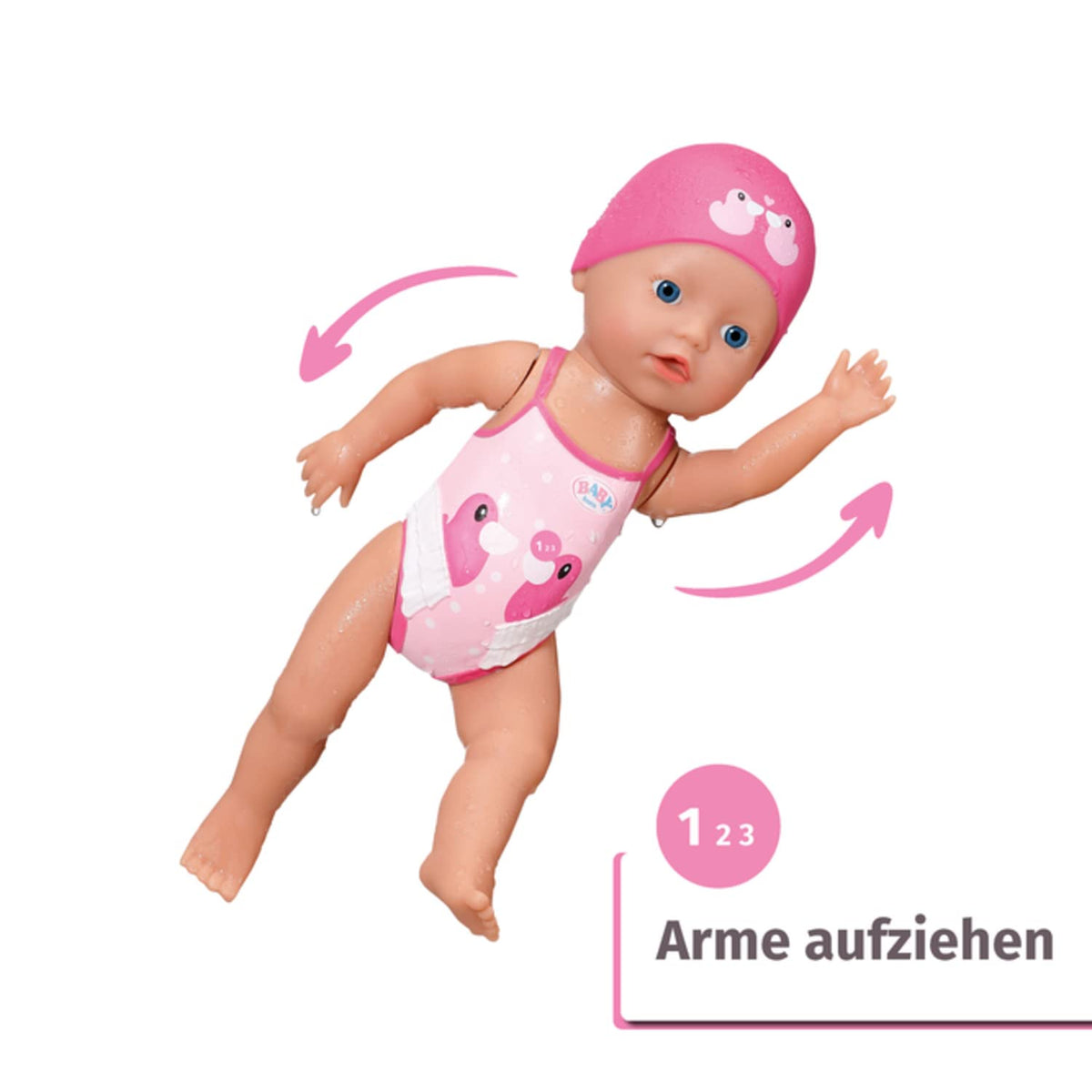 Baby Born swim girl with relief bath cap details for a cute bath-time look.