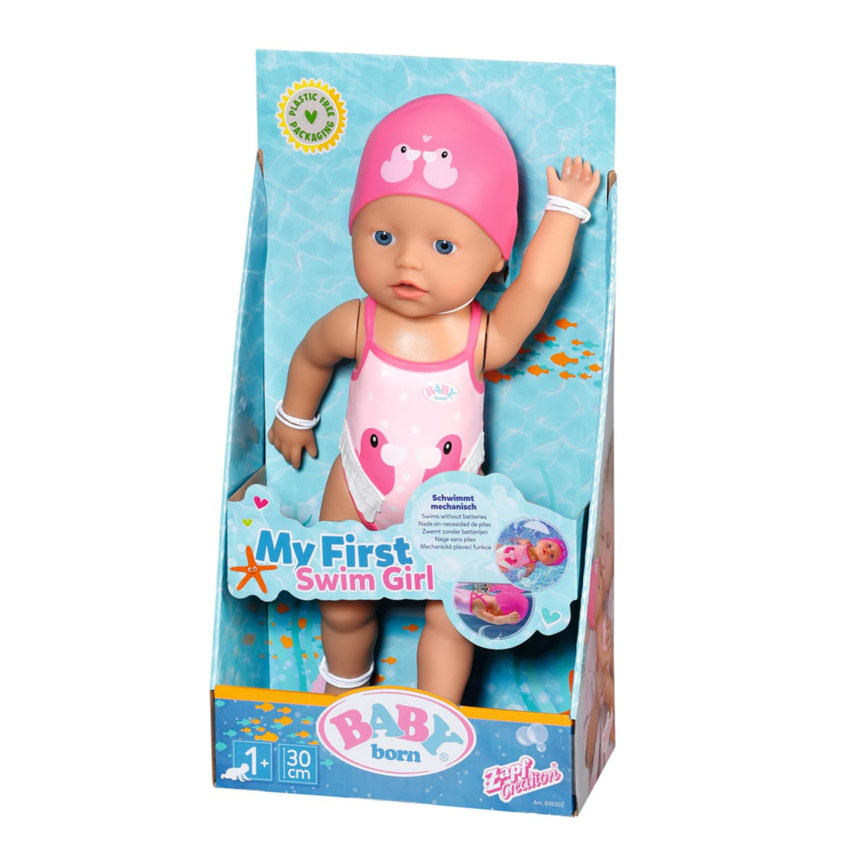 Baby Born My First Swim Girl 30 cm doll with a waterproof body for water play.