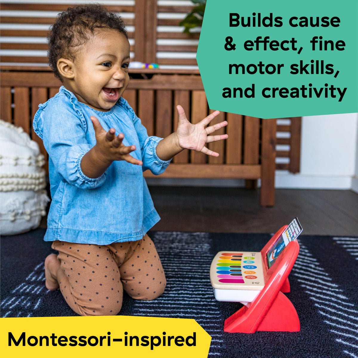Baby Einstein Cal's First Melodies Magic Touch surface tapped by tiny hands for responsive music creation