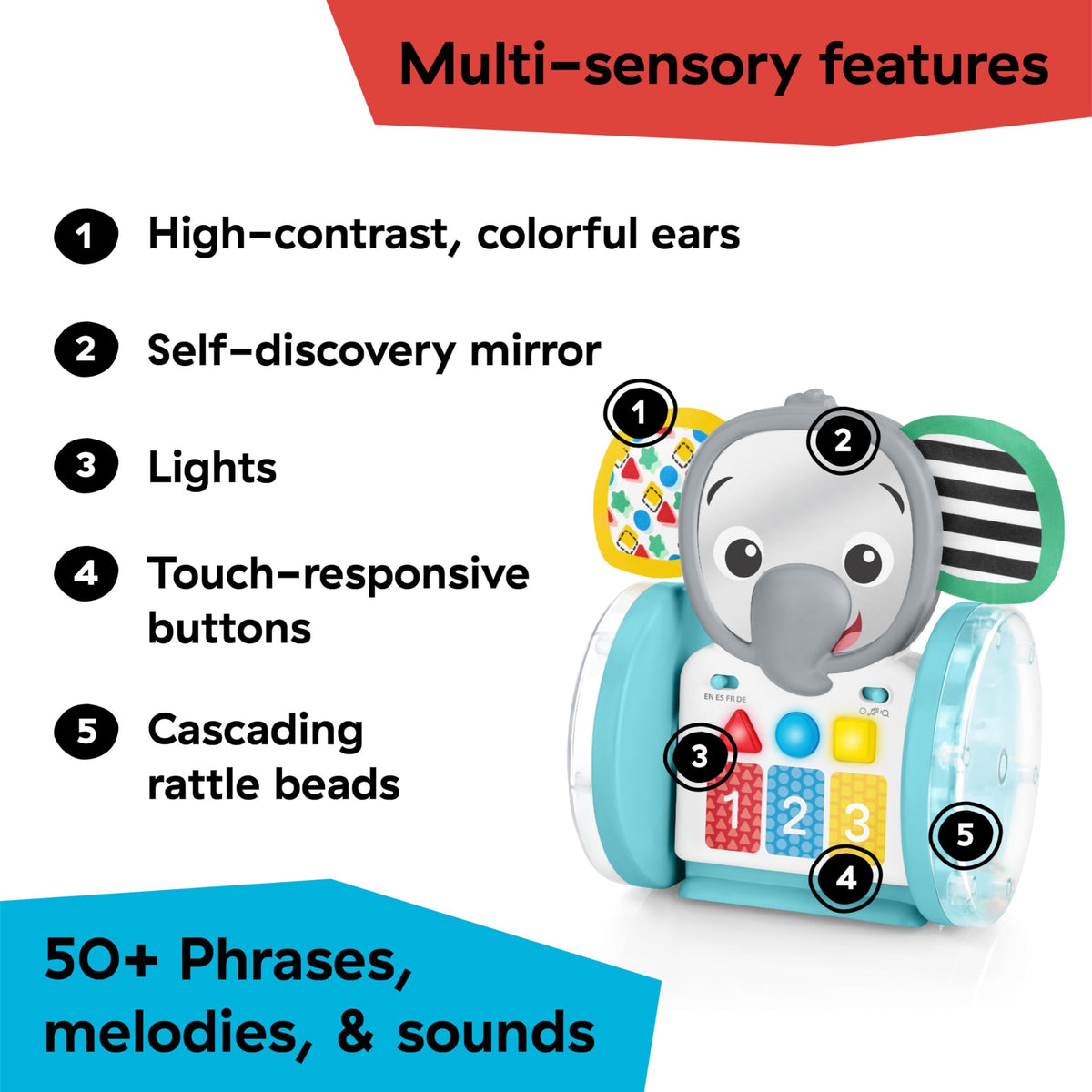 Baby Einstein Chase and Tap Earl discovery mode teaches colors and shapes.