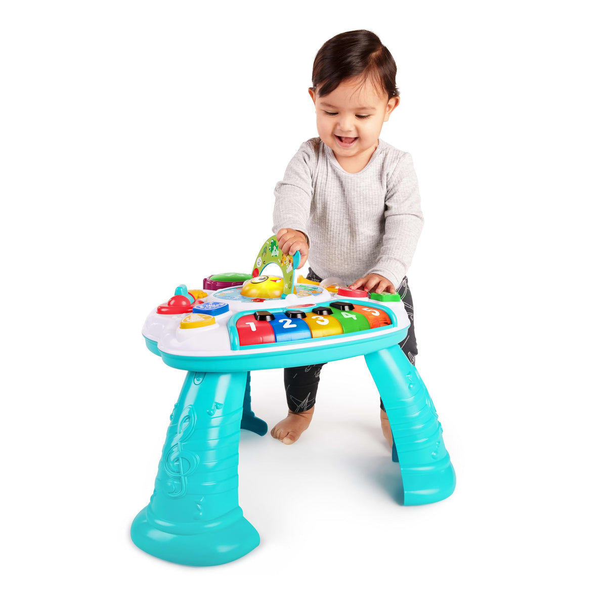 Baby Einstein Discovering Music Table drum promotes rhythmic play and hand-eye coordination.