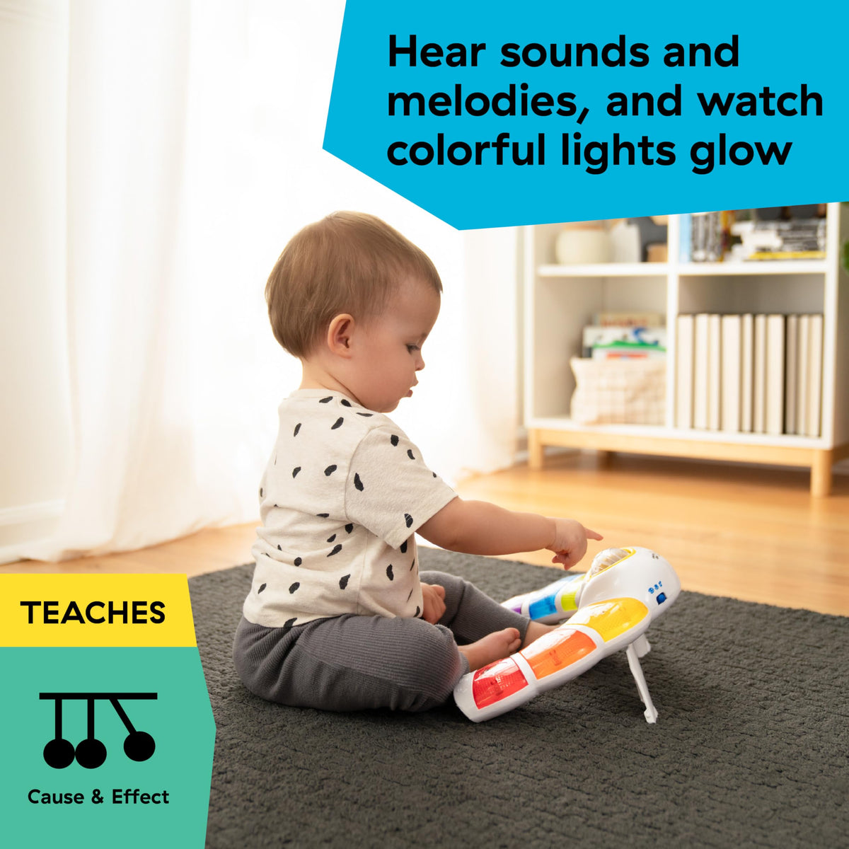 Color mode lights up and teaches color names in multiple languages with glow cues.