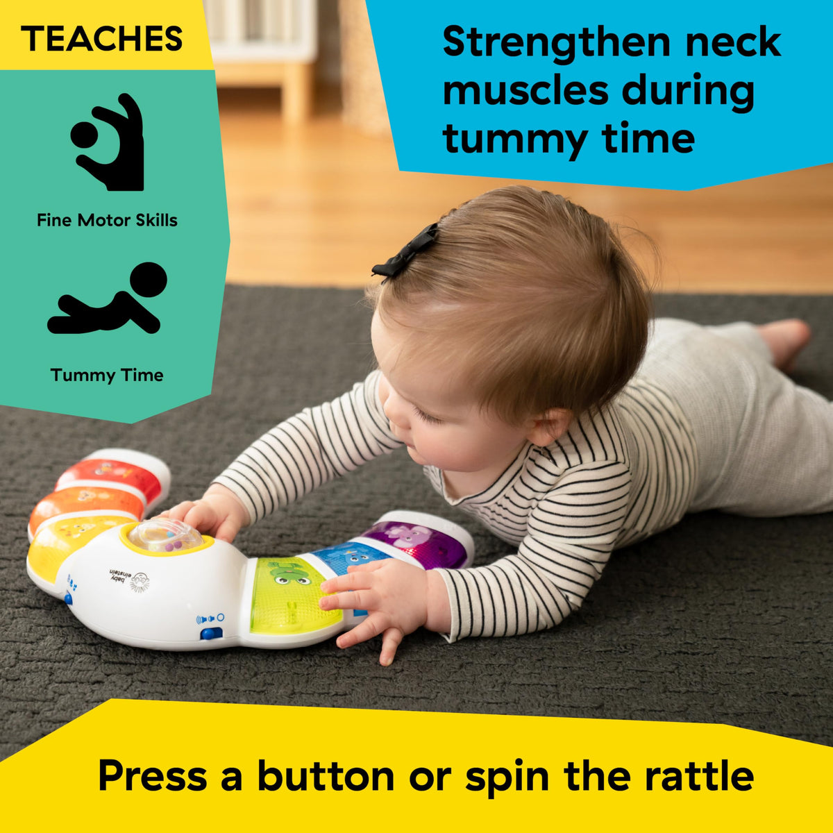 Tummy time with Baby Einstein Glow & Discover encourages lifting the head with lights.