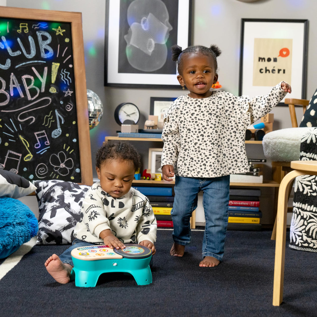 On-device volume control helps keep levels comfortable for caregivers and babies