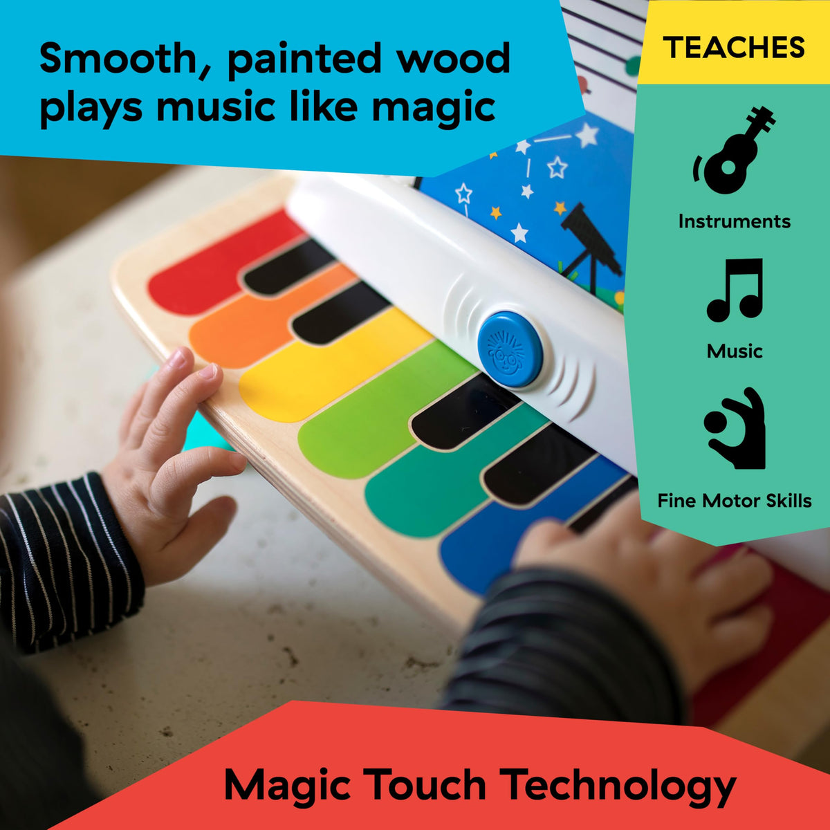 Color-coded notes matching the sheets to the keys on the Baby Einstein piano