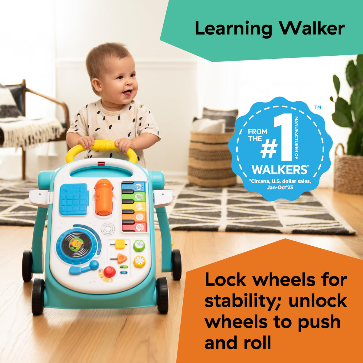 Baby Einstein Musical Mix N Roll DJ station invites tempo exploration with interactive buttons.