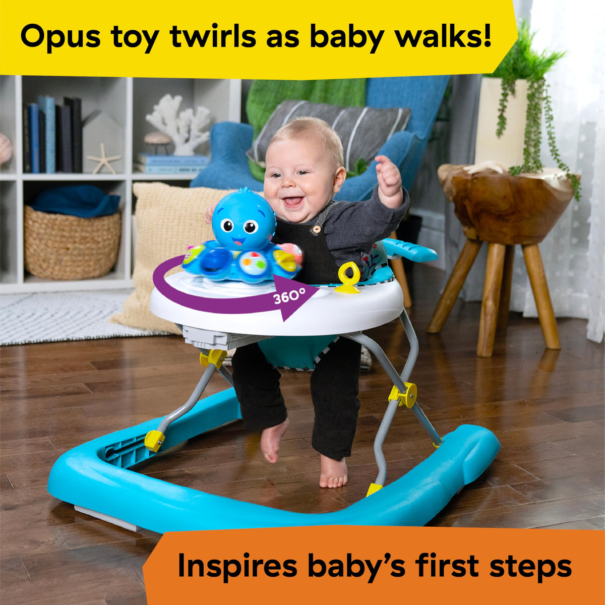 Opus spinning and lighting as baby pushes the walker for interactive movement.