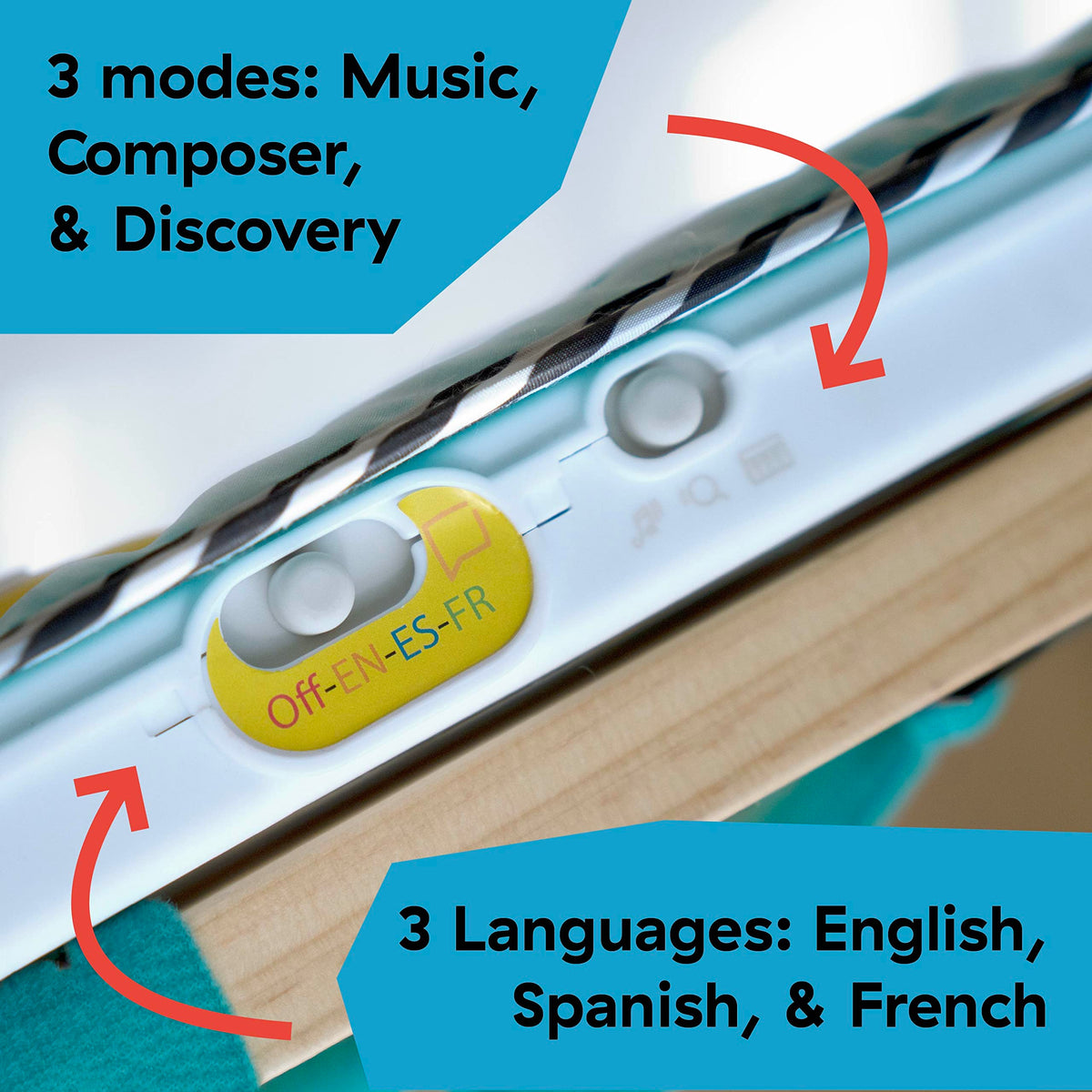 Baby Einstein piano mode lets baby create marimba sounds during play.