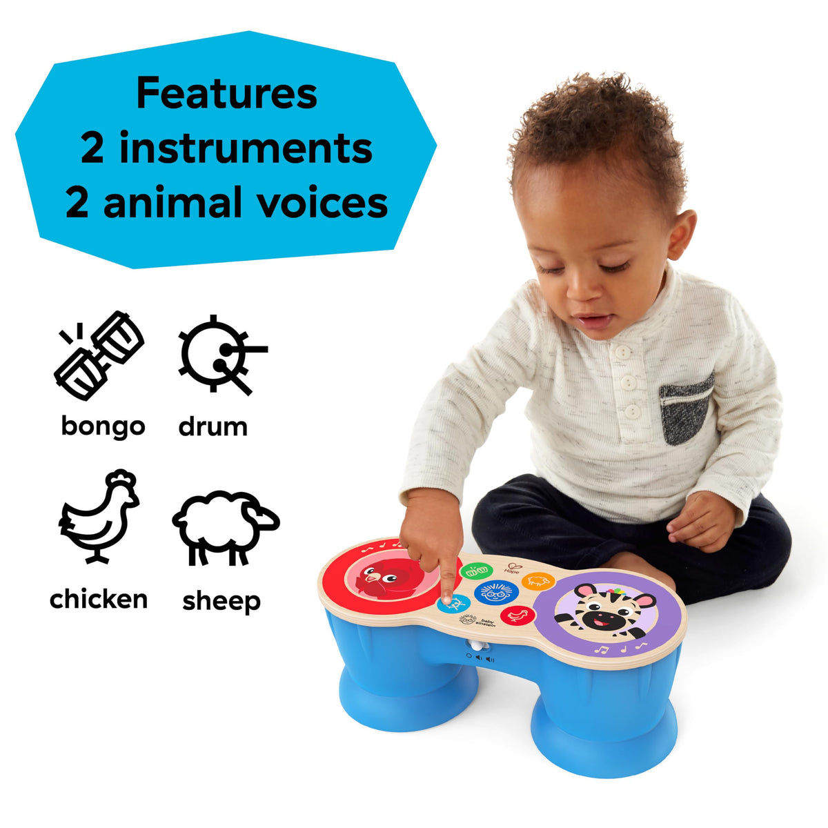 Baby Einstein Upbeat Tunes Magic Touch Drum chicken voice adds playful sounds.