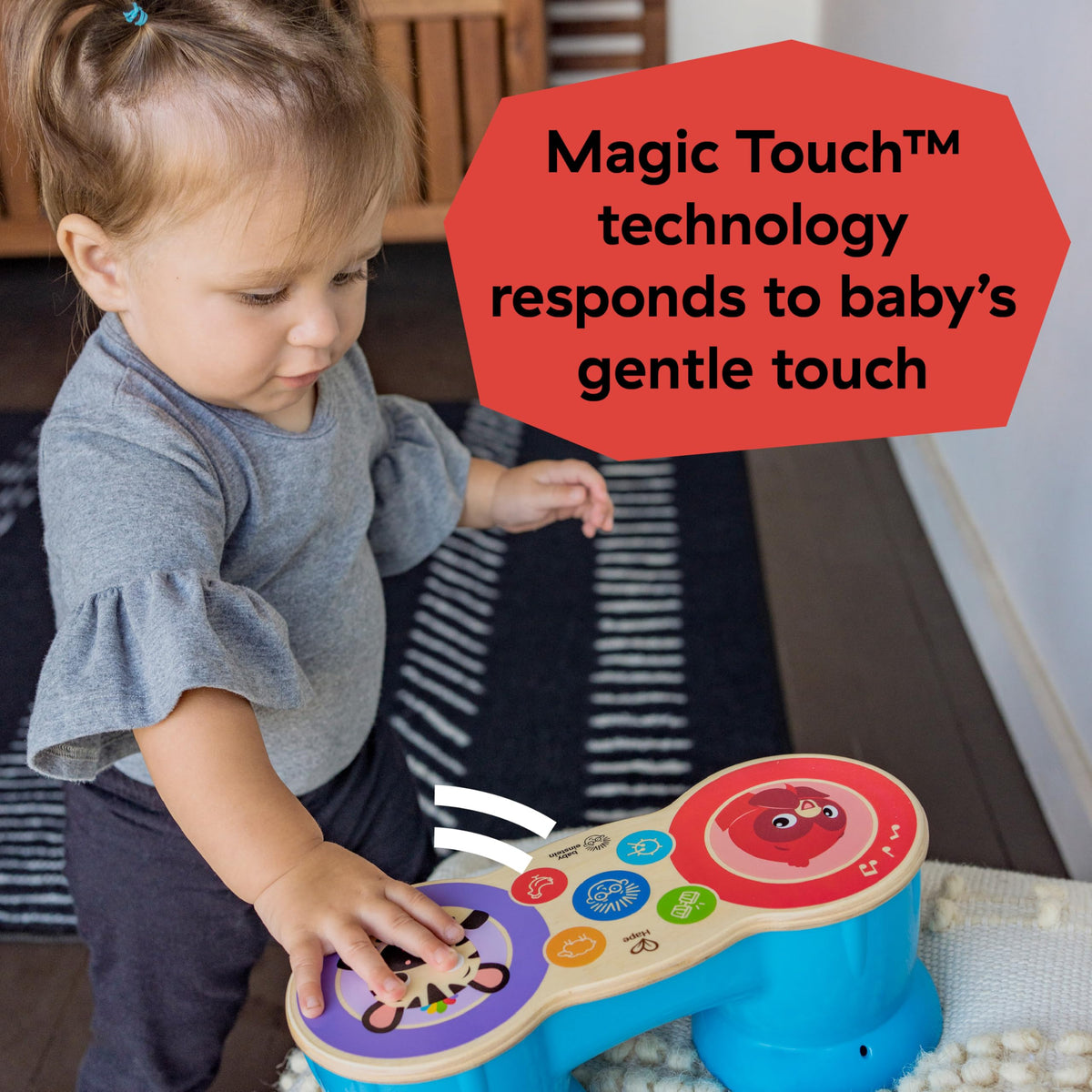 Baby Einstein Upbeat Tunes Magic Touch Drum surface mode supports early auditory exploration.
