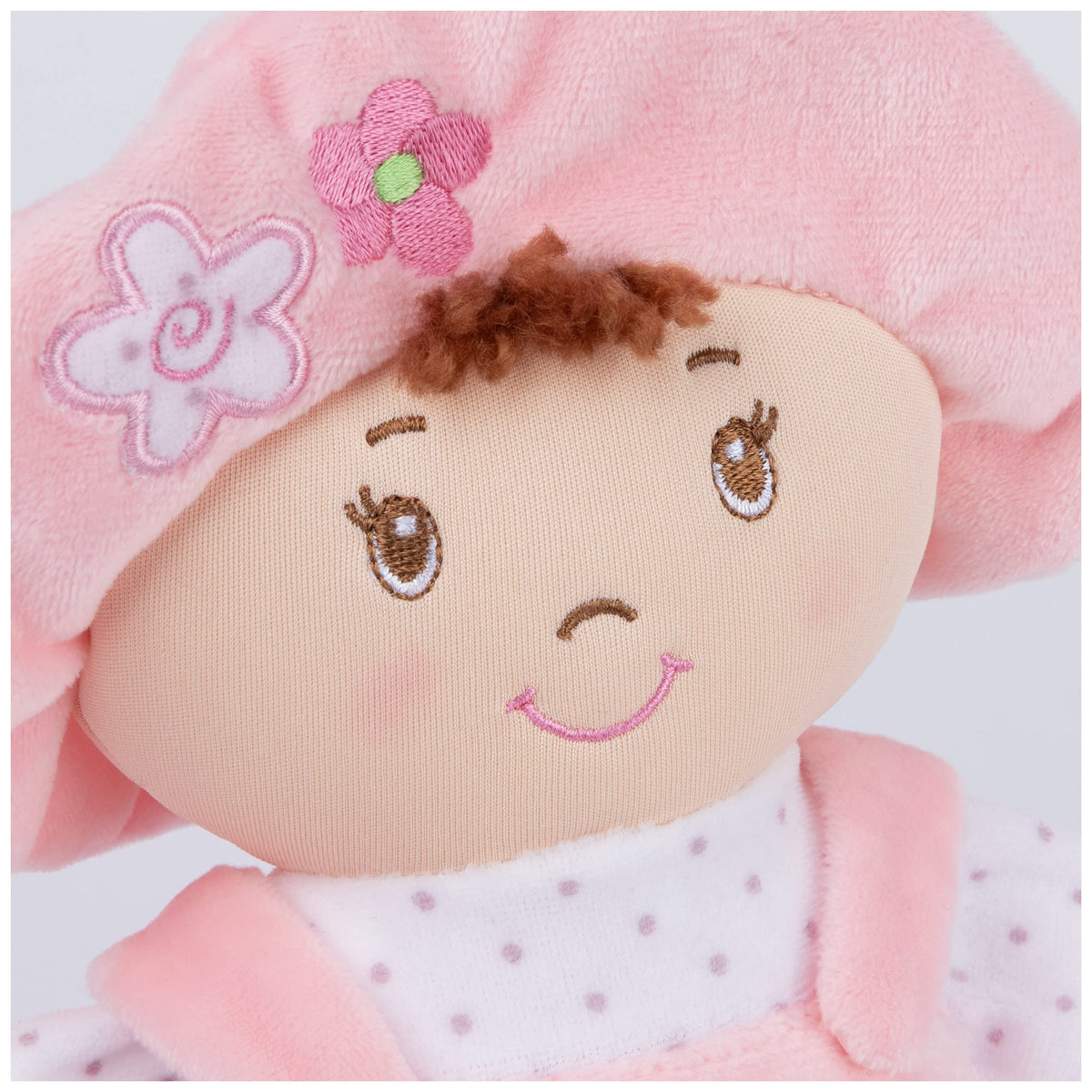 Embroidered facial details provide safe, friendly expression for little hands.