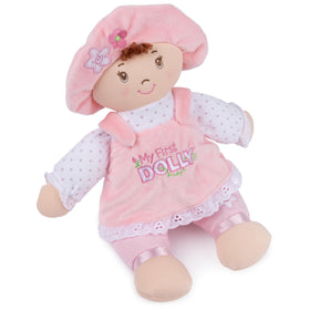 My First Dolly features frills and embroidery for imaginative play.