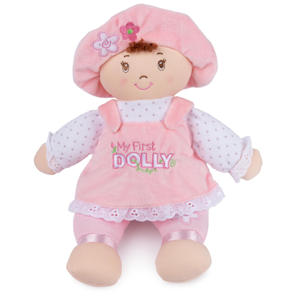 Baby GUND My First Dolly in pink dress offers soft, kid-friendly cuddle.