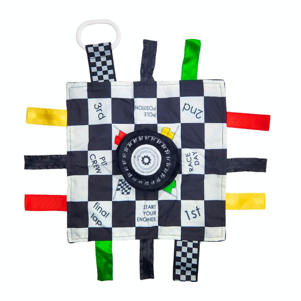 Baby Jack & Co racing lovey blanket with sporty visuals for tactile exploration.