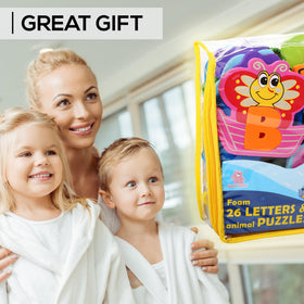 Baby Loovi 52-piece bath toy set, comprehensive alphabet and animal puzzles for toddlers.